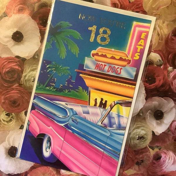 RARE Vintage Circa 1980s 'Now You're 18' Birthday Card with FABULOUS Retro American Car and Hot Dog Outlet Design -Fun, Retro Nostalgic Card