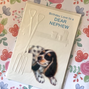 Cartão raro vintage/retro da década de 1970 "Amor de aniversário para um sobrinho querido" - Design deslumbrante para cães e jardinagem - Cartão para sobrinhos amantes de jardinagem/cães
