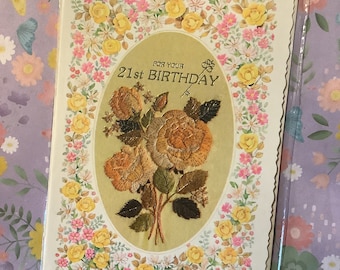 RARE Vintage/Retro Circa 1970s 'For Your 21st Birthday' Card with Pretty Floral Design - Golden Threads Card - Sweet Verse - Coming Of Age