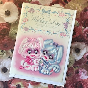 Seltene Vintage/Retro Circa 1980er Jahre 'On Your Wedding Day Glückwunsch' Karte - niedlich/Retro & Kitsch Hund Paar Design Sweet Verse -Retro Liebhaber