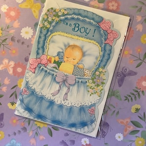 RARE vintage/rétro vers les années 1970 « C'est un garçon ! Carte pour nouveau-né - bébé mignon et ours en peluche - vers doux - vintage/rétro qui aime les nouveaux parents