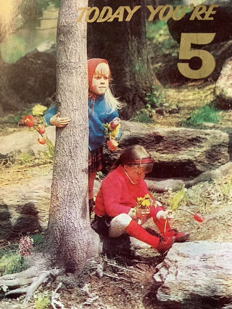 EXTREMELY RARE Vintage Circa 1970s 'Today You're 5' Retro Photo Card featuring 2 Little Girls playing in a Forest/Wood Childhood Nostalgia image 3