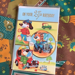 RARA cartolina d'epoca degli anni '70 circa "Per il tuo 21° compleanno" - Divertente design a tema automobilistico con cani e una tigre - Versi dolci - Nostalgia anni '70