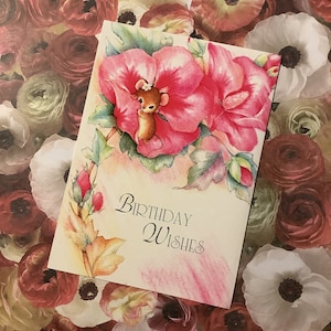 Cartão RARO retrô/vintage por volta dos anos 1980 com 'desejos de aniversário' com mouse fofo e lindo design floral rosa - cartão colecionável - cartão nostálgico para guardar