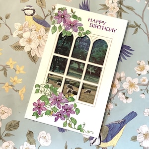 RARO cartão vintage de 'Feliz Aniversário' de 1980 - Lindo cartão fotográfico retrô com janela decorada com flores e imagem de ovelhas e paisagens - Nostalgia