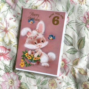 RARE carte vintage des années 1980, joyeux anniversaire maintenant que vous avez 6 ans, adorable lapin avec un design de panier floral - carte nostalgique avec un vers doux