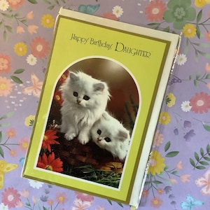 RARE vintage des années 1960 « Happy Birthday Daughter » carte photo mignon chaton persan - carte nostalgique - chat/fille rétro