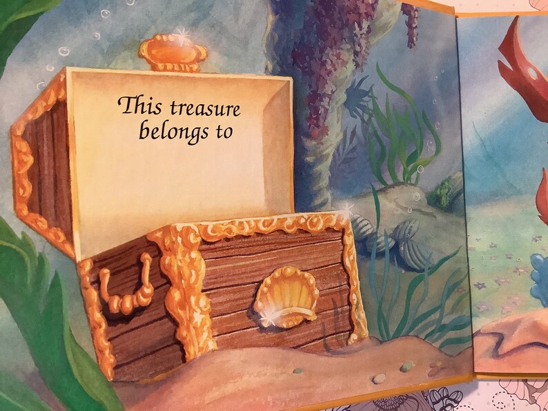 Pu&ograve; includere: Uno scrigno di legno aperto con finiture dorate e un design a conchiglia. Lo scrigno &egrave; seduto su un fondale sabbioso con alghe marine e altre forme di vita marina sullo sfondo. Il testo "Questo tesoro appartiene a" &egrave; scritto all'interno dello scrigno.