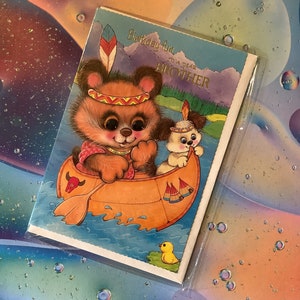 Seltene True Vintage/Retro Circa 1980s Unbenutzte Karte 'Birthday fun To A Dear Brother' -Indianer Bär & Hund im Kanu Design -Retro Lover Karte