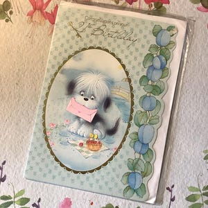 SELTENE Vintage Circa 1980er Jahre 'Congratulations on your 21st Birthday' Karte ADORABLE Hund & Blumenmuster - Nostalgisch - Süßer Vers - Eine Karte zum Behalten