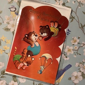 Zeldzame vintage kaart 'Gelukkige verjaardagswensen' uit de jaren 1970 met SCHATTIG circusthema met dierenontwerp - zoet vers erin - traditioneel