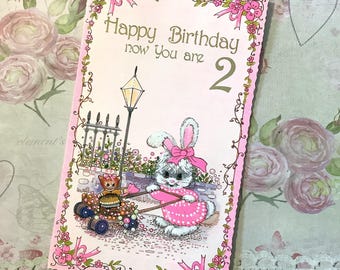 RARE Vintage Circa 1970s 2nd Birthday Card - ADORABLE Kitsch, Dressed Rabbit & Cat Design - Sweet Verse Inside - Traditional, Nostalgic Card