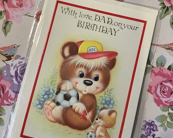 FABULOUS Vintage/Retro Circa 1970s 'With love, Dad, on your Birthday' Card - ADORABLE Bears & Football Design - Kitsch - Soccer Fan Card