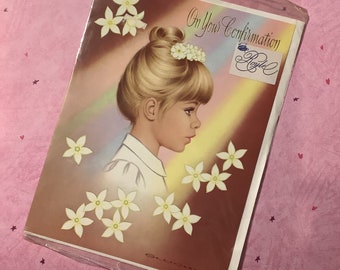 Vintage Circa 1970s 'On Your Confirmation' Card with BEAUTIFUL Girl & Floral Design -  A Card To Treasure -Simple Greeting Inside -Nostalgia