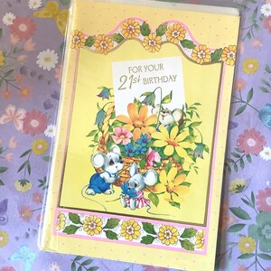 Cartão vintage raro por volta dos anos 1970 "Para seu 21º aniversário" com ratos fofos e design de cesta floral - Cartão nostálgico - Verso doce - Um cartão para guardar