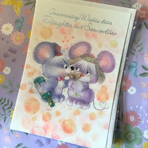 Cartão RARO Vintage/Retrô Circa 1970 'Desejos de Aniversário para Queridos Filha e Genro' - Design de Ratinho Fofo - Cartão Vintage/Retrô para Casal Apaixonado