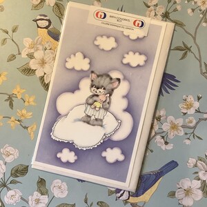 RARA cartolina vintage/retrò degli anni '80 per nuovo neonato - gatto super carino che galleggia su una nuvola - cartolina vintage/per gli amanti dei gatti - semplice saluto