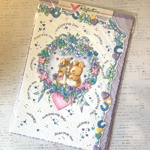ADORABLE Vintage Circa 1990s 'Wedding Day Wishes Just For You' Tarjeta - Diseño de pareja de conejo dulce con saludo dulce - Tarjeta linda y nostálgica