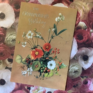 RARO Vintage Circa 1960 IMPRESIONANTE Tarjeta 'Para el cumpleaños de la abuela' Tarjeta de diseño bastante floral / bayas - Verso dulce - Tarjeta nostálgica para guardar