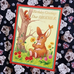 RARO Grande Tamanho A4 Vintage Circa 1970s Cartão de Saudações de Aniversário Caro Irmão Coelho Bonito e Esquilo em Design de Floresta - Nostalgic - Sweet Verse