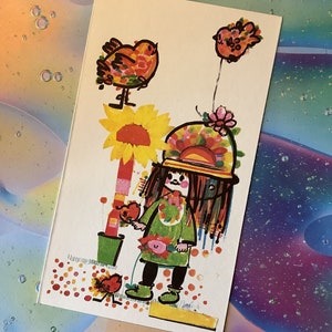 Cartão de aniversário em branco muito raro, vintage, por volta dos anos 1970, Gordon Fraser, projetado por Marion Foster - ADORÁVEL design retrô de menina, pássaros e flores descoladas