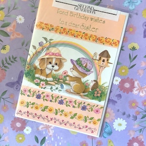 RARE Circa 1980s Vintage Inutilizzato 'Affettuosi auguri di compleanno a una cara sorella' Biglietto carino / retrò con gatto, cane e riccio Design Kitsch Loving Sister