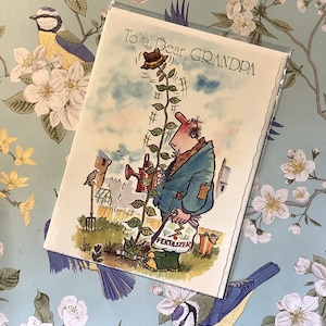 Cartão de aniversário raro, vintage/retro, da década de 1980, "Para um querido avô" - Design engraçado com tema de "jardinagem" - Saudação doce - Vovô fã de jardinagem