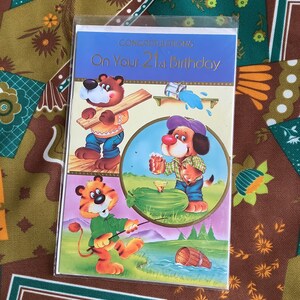 RARE Vintage Circa 1970s 'Congratulations on Your 21st Birthday' Karte - Retro Bär, Hund & Tiger Design - süsse Verse im Inneren - 70er Jahre Nostalgie