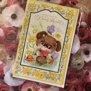 SELTENE True Vintage Circa 1980er Jahre 'Birthday Wishes To A Liebe Auntie' Karte - Süßer Hund, Schmetterling & hübsches Blumenmuster - Vintage / Hundeliebhaber Auntie