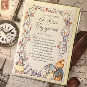 RARE carte vintage des années 1980 « With Best Wishes on Your Engagement » - ADORABLE souris et lapin design & couplet sentimental - rétro/Kitsch