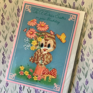 RARE Circa 1980s Vintage/Retro 'To A Dear Sister On Your Birthday' Cartão - ADORÁVEL Ow & Floral Design - Sweet Verse -Owl/Kitsch Lover Sister