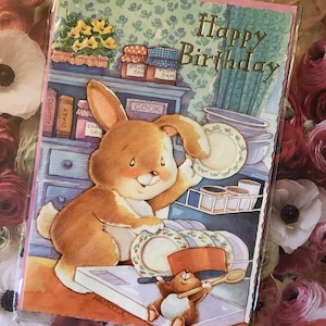 Vintage/Retro Circa 1990s 'Happy Birthday' Card - Cute Rabbit Loading The Dishwasher Design - Rabbit Loving Friend Card - Pot Washer Card!