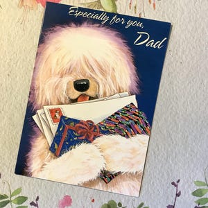 Vintage verjaardagskaart 'vader' jaren 90 - schattige oude Engelse herdershond, kaarten en verpakte cadeaus ontwerp door Mandy - binnenkant versierd - hondenliefhebber vader kaart