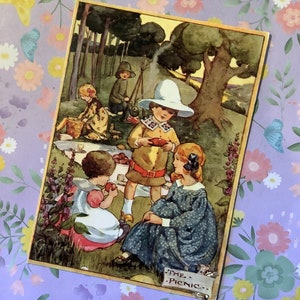 Vintage 1998 Blanko-Grußkarte The Picnic von Anne Anderson - EINE SCHÖNE Karte zum Rahmen mit einigen entzückenden Kindern, die ein Picknick genießen