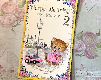RARE Vintage Circa 1970s 2nd Birthday Card - ADORABLE Kitsch, Dressed Cat and Mouse Design - Sweet Verse Inside -Traditional, Nostalgic Card