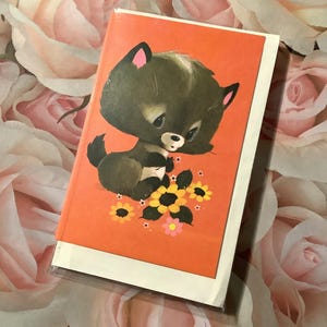 RARO cartão de aniversário retrô/vintage por volta dos anos 1970 - ADORÁVEL gato preto de olhos azuis e kitsch e design floral descolado - nostalgia dos anos 70 - cartão para emoldurar