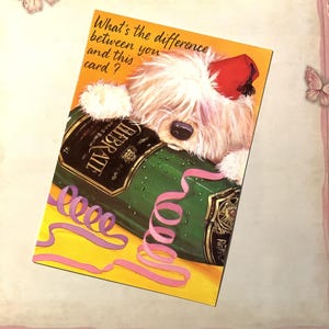 Cartão de aniversário vintage 'atrevido' dos anos 90 com humor adulto em branco - Design fofo de pastor inglês antigo e champanhe - Decorado por dentro - Cartão unissex divertido