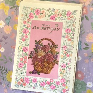 Cartão raro vintage/retro por volta dos anos 1970 "Para seu 21º aniversário" com lindo design floral - Cartão Golden Threads - Verso doce - Coming Of Age