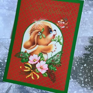 RARE vintage Circa années 1970 'Vœux de Noël pour ma petite amie Carte ADORABLE Big Blue Eyed Dog & Robin Design Sweet Verse Retro Fan Girlfriend