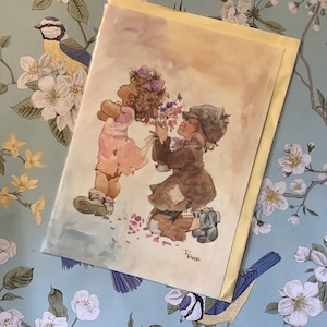 Raro vintage degli anni '80 circa Les Enfants 'I Love You' Biglietto vuoto con messaggi staccabili multiuso - Splendido design di coppia di bambini vittoriani