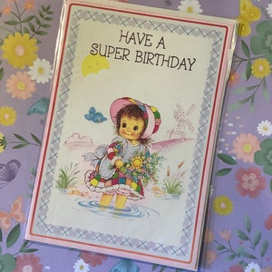 Cartão RARO Vintage/Retro Circa 1970 'Tenha um Super Aniversário' - Design super fofo de menina e pássaro azul - Verso doce - Amigo amoroso retrô