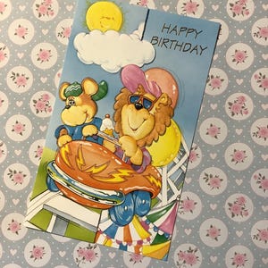 Zeldzame vintage kaart uit de jaren 80 'Happy Birthday' uitgesneden voorkant - Dieren in een achtbaan Ontwerp door Ken - Binnenin versierd - Eenvoudige groet
