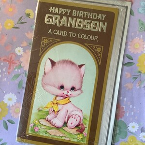 Cartão RARO Vintage/Retro Circa 1970 'Feliz Aniversário Neto' (um cartão para colorir) - Design retrô de gato - Cartão retrô de filho amoroso - colecionável