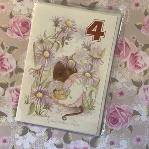 Biglietto per il 4° compleanno vintage estremamente raro degli anni '80 circa - Bellissimo topolino Gillian Holmes-Clarke e disegno floreale - Un biglietto da custodire
