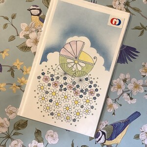 RARA carta vintage/retrò degli anni '80 'New Baby' - Carrozzina super carina e carina e design floreale - Carta amante/i vintage - Saluto semplice - Nostalgia