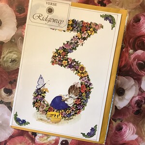 Extrem seltene Vintage Circa 1970er Jahre 3. Geburtstagskarte - Schönes Hilary Jarvis Design einer Blumennummer 3, einer schlafenden Maus und eines Schmetterlings