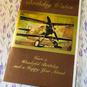 ZELDZAME True Vintage Circa jaren 1970 'Birthday Wishes' Kaart met oude vliegtuig ontwerp en mooie vers - nostalgische kaart - vliegtuig minnaar kaart