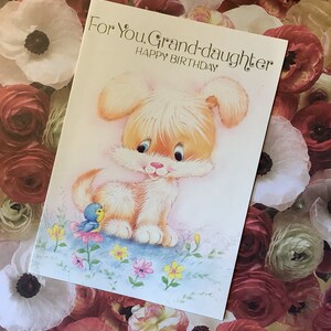 Raro biglietto d'auguri vintage/retrò circa anni '80 'Per te nipote buon compleanno' con simpatico/kitsch gatto e calabrone design - dolce verso - nostalgia