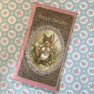 Cartão de feliz aniversário vintage MUITO RARO, por volta dos anos 1970, com uma raposa ADORÁVEL e design floral - Verso doce dentro - Um cartão doce para enviar ou guardar