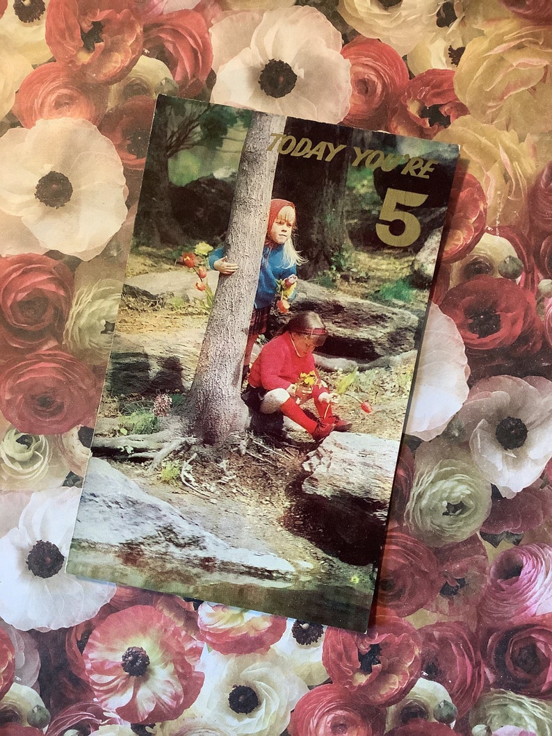 EXTREMELY RARE Vintage Circa 1970s 'Today You're 5' Retro Photo Card featuring 2 Little Girls playing in a Forest/Wood Childhood Nostalgia image 1